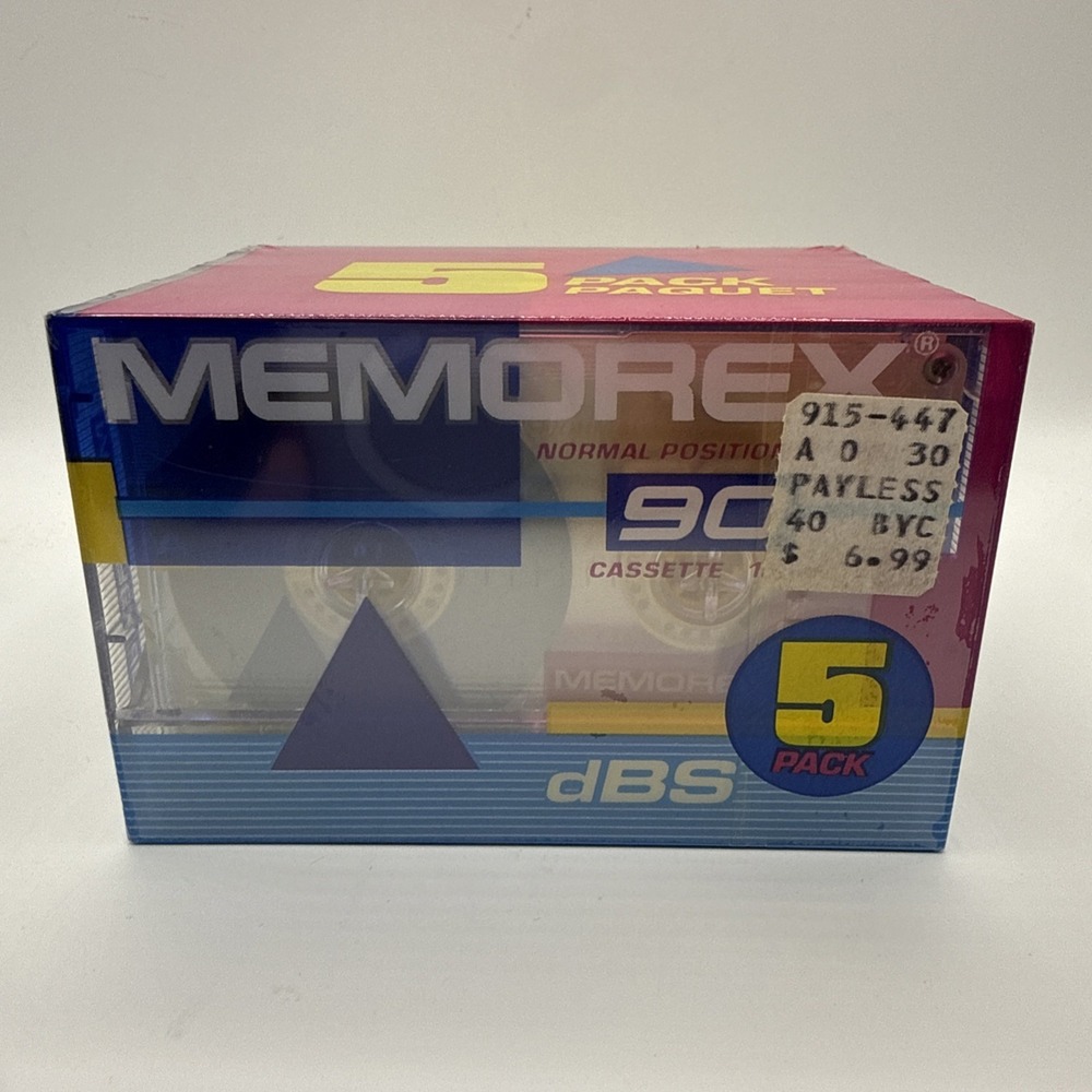 Vintage Sealed 5 Pack Memorex Blank Audio Cassette Tapes dBS 90 Minutes,1 HBS II